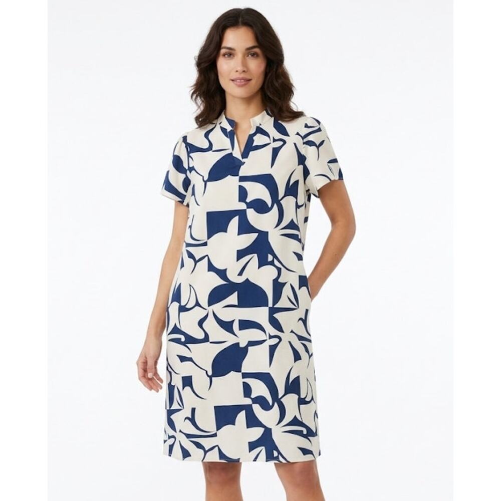 EMERY ROSE Women's Midi Dress Abstract Navy White Polyester Plus Size 1XLAbs